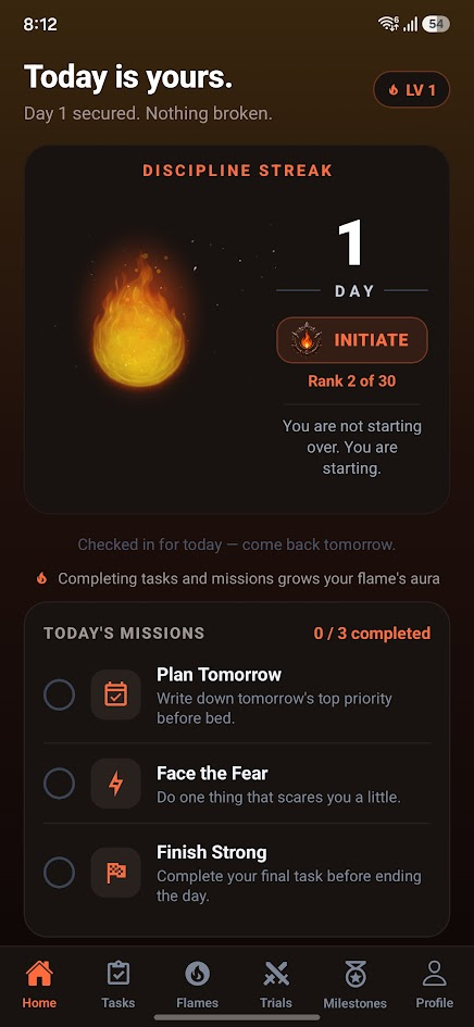 FireWithin Home screen — Day 1, Discipline Streak card, today's missions